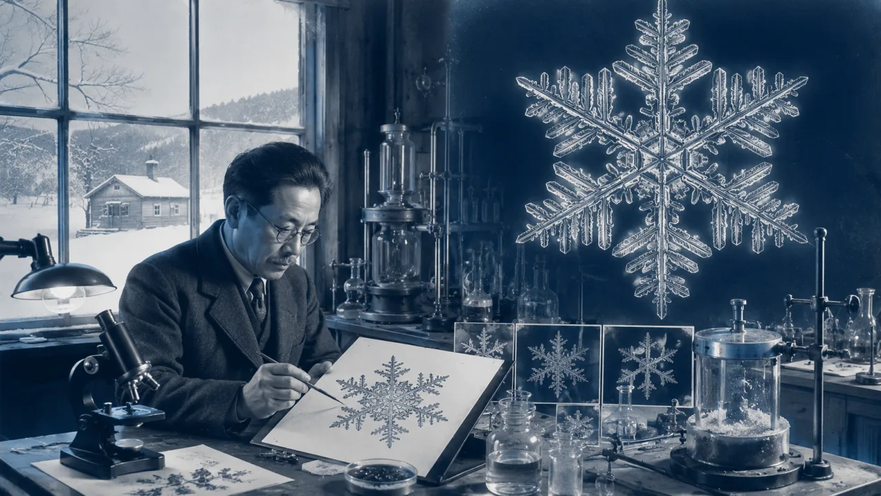 中 谷 宇 吉 郎 ─ 雪 の 結 晶 の 科 学 (地 学 編) の表紙イラスト