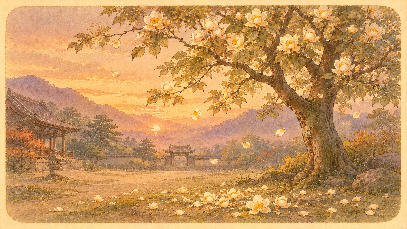 夕の寺園に立つ沙羅の木と、淡い黄色に染まる花、地に散る花びらの挿絵。