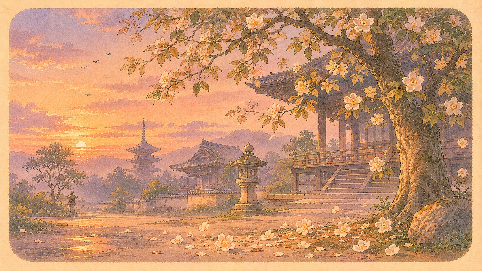 春の夜、月と薄雲の下、平家の落人たちの後ろ姿と薄く流れる風の挿絵。